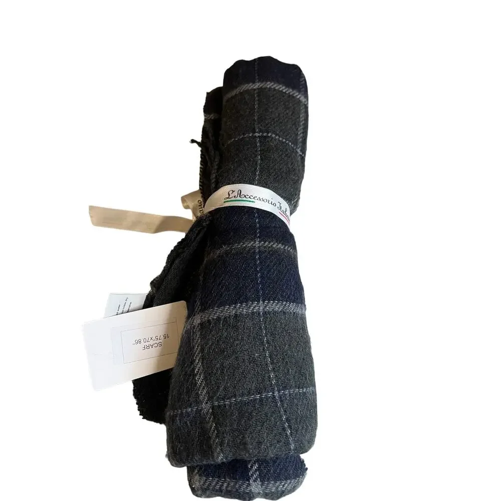 Italian Made Plaid Fringed Scarf Gray Navy Blue